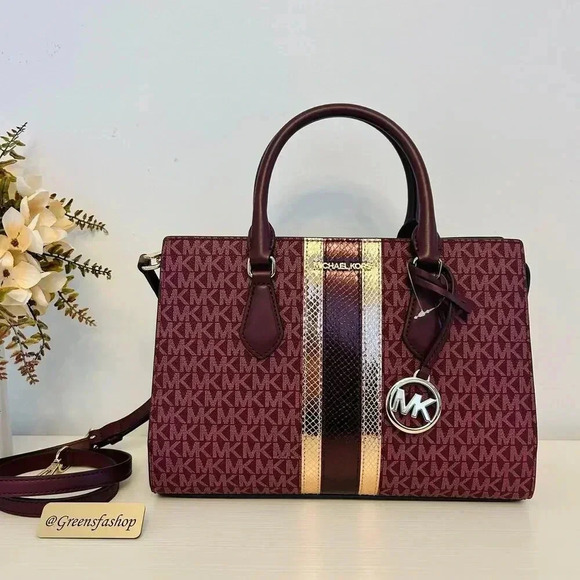 Michael Kors Purse Medium Sheila Signature Logo and Metallic Satchel Oxblood - Picture 1 of 8